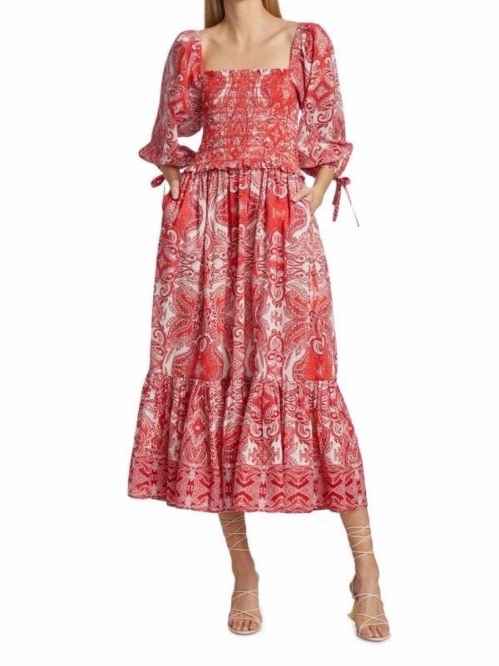 Cara Cara Jazzy Red Paisley Smocked Midi Dress